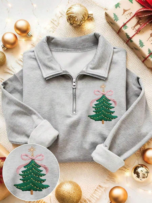 Women's Christmas Tree Print Casual Zip-Up Sweatshirt