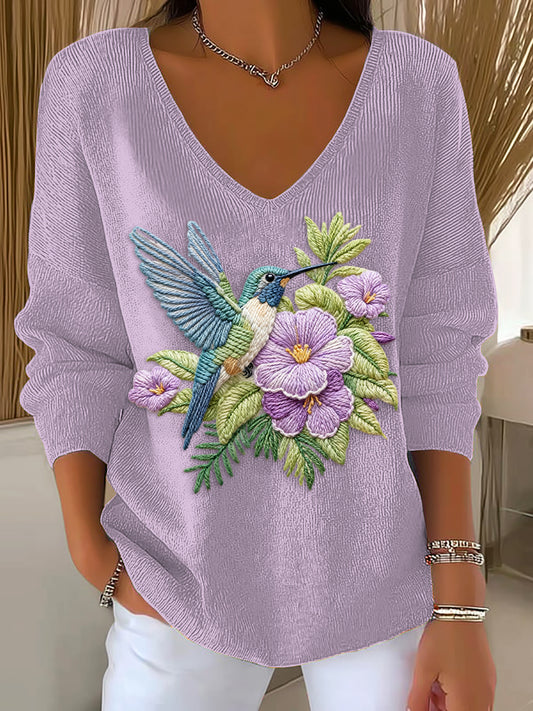 Women's Hummingbird Purple Floral Ribbed Top