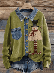 Women's Vintage Christmas Snowman Denim Lapel Button Sweater