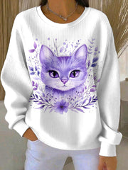 Women's Purple Cat Floral Print Casual Sweatshirt