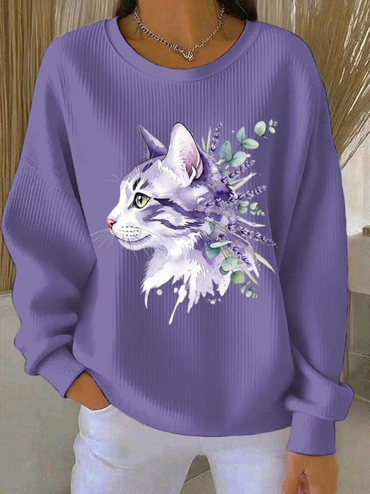 Women's Purple Cat Floral Print Casual Sweatshirt