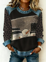 Women's Merry Christmas Art Printed Denim Patchwork Top