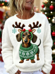 Women's Cute Christmas Dachshund Pattern Flannel Hoodie