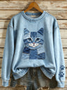 Women's Denim Patchwork Art Cat Pattern Sweatshirt
