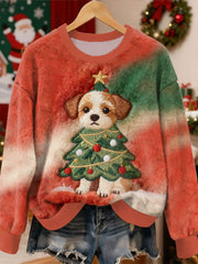 Women's Christmas Cute Dog Christmas Tree Pattern Flannel Hoodie