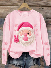 Women's Merry Christmas Retro Yarn Crochet Santa Claus Pink Santa Blowing Bubble Gum sweatshirt