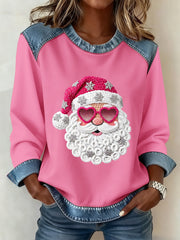 Women's Latch Hook Yarn Crochet Santa Denim Patchwork Top