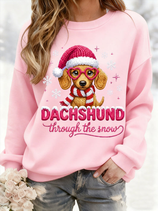 Women's Christmas Dachshund Through The Snow Print Casual Sweatshirt