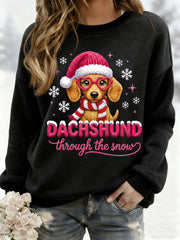 Women's Christmas Dachshund Through The Snow Print Casual Sweatshirt