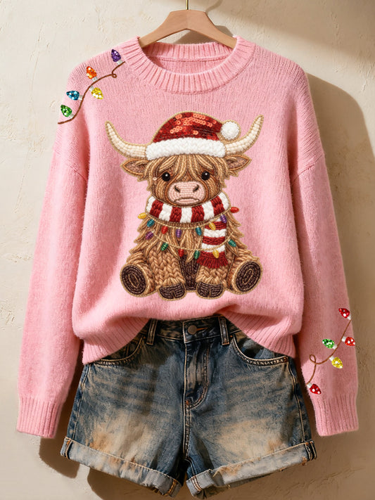 Women's Faux Yarn Christmas Highland Cow Pattern Cozy Knit Sweater