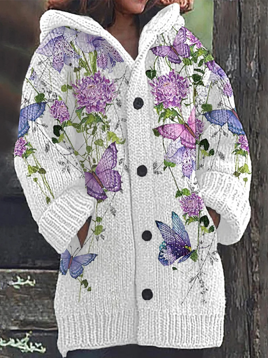 Women's Purple Floral Butterfly Pattern Cozy Composite Fleece Long Coat
