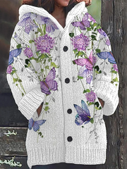 Women's Purple Floral Butterfly Pattern Cozy Composite Fleece Long Coat