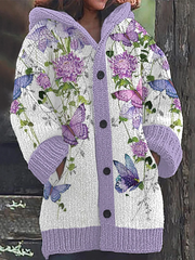 Women's Purple Floral Butterfly Pattern Cozy Composite Fleece Long Coat