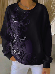 Women's Retro Purple Printed Ribbed Round-Neck Sweatshirt