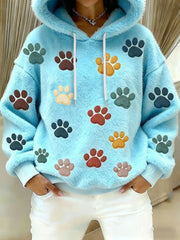 Women's Cat Paw Printed Flannel Hoodie