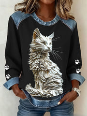 Women's Cat Paws Art Printed Denim Patchwork Top