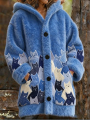 Women's Animal Cat Print Flannel Warm Jacket