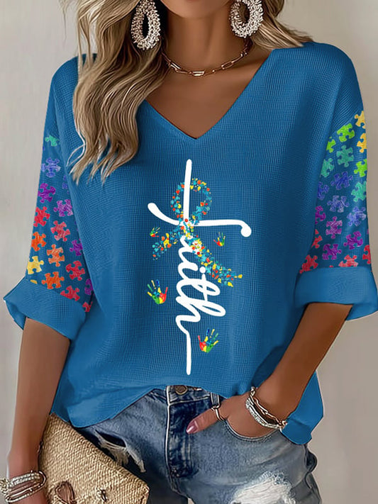 Women's Autism Awareness Printed Waffle T-shirt