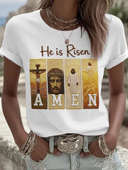 Women's He Is Risen Jesus Christian Cross Print Tee