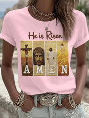 Women's He Is Risen Jesus Christian Cross Print Tee