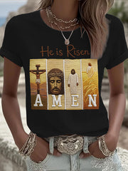Women's He Is Risen Jesus Christian Cross Print Tee