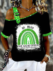 Women's In May We Weer Green Mental Health Awarenes Asymmetrical Shoulder Short-Sleeve T-Shirt