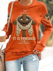 Women's He Is Risen It’s Finished Jesus Christian Cross Print Casual Sweatshirt