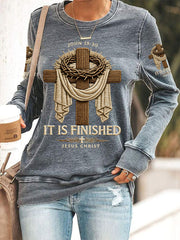 Women's He Is Risen It’s Finished Jesus Christian Cross Print Casual Sweatshirt