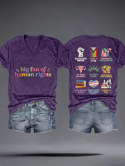 Women's Big Fan of Human Rights Embroidery Pattern V-Neck T-Shirt