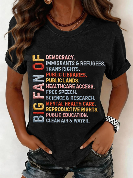 Women's Big Fan of Human Rights Embroidery Pattern T-Shirt