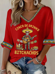 Women's Funny Cinco De Drinko Bitchachos Skeleton Print Casual Waffle Top