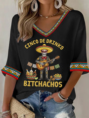Women's Funny Cinco De Drinko Bitchachos Skeleton Print Casual Waffle Top