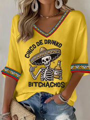 Women's Funny Cinco De Drinko Bitchachos Skeleton Print Casual Waffle Top