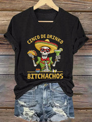 Women's Funny Cinco De Drinko Bitchachos Skull Print V-Neck Tee