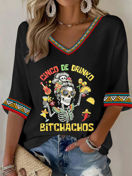 Women's Funny Cinco De Drinko Bitchachos Skeleton Print Casual Waffle T-shirt