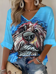 Women's Dog Art Printed Waffle T-shirt
