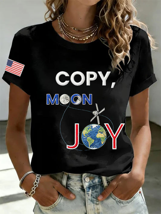 Women's Copy Moon Joy Print V Neck Short Sleeve T-shirt