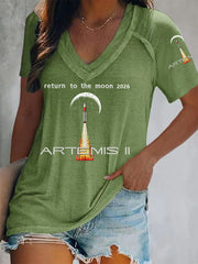 Women's Artemis II 2026 Return To The Moon For All Humanity Print Casual V-Neck Tee