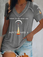 Women's Artemis II 2026 Return To The Moon For All Humanity Print Casual V-Neck Tee