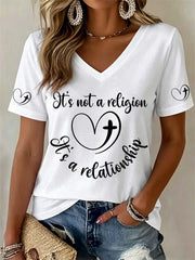 Women's It’s Not A Religion It's A Relationship Print V-Neck Tee