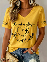 Women's It’s Not A Religion It's A Relationship Print V-Neck Tee