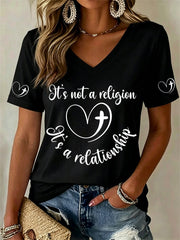 Women's It’s Not A Religion It's A Relationship Print V-Neck Tee