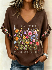 Women's It Is Well With My Soul Floral Print Casual Ruffle Sleeve Tee