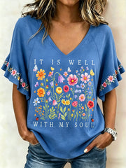Women's It Is Well With My Soul Floral Print Casual Ruffle Sleeve Tee