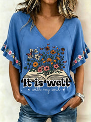 Women's It Is Well With My Soul Floral Print Casual Ruffle Sleeve Tee