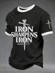 Men's Iron Sharpens Iron Proverbs 27:17 Christian Cross Print Casual Tee