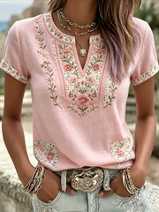 Women's Pink Floral Print short-sleeved T-shirt
