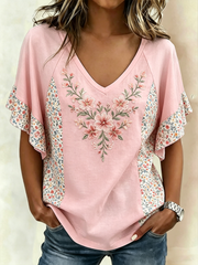 Women's Pink Floral Print Short Sleeve T-Shirt