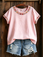 Women's Pink Floral Print linen short-sleeved T-shirt