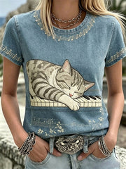 Women's Sleeping Cat On Piano Pattern Cotton Linen Crew Neck Long Sleeve Top